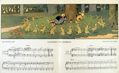 Kanit pyörimässä unisen metsästäjän ympärillä - Jane Vieun "" Les images en musique" -kirjassa, kuvittanut Benjamin Rabier (1864-1939)