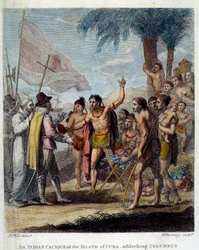 Intialainen Cacique Kuuban saarelta toivottaa tervetulleeksi Christopher Columbuksen (1451-1506) ja Euroopan armeijan ja kirkon edustajat keskustelemaan uuden valtion perustamisesta. Frontispice-julkaisun ”With-Britannian siirtokuntien siviili- ja kaupalli