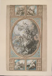 Suunnittelu kuninkaallisen kappelin kattokoristeeksi, Windsorin linna (recto), n. 1779 (musta liitu, kynä & ruskea muste & akvarelli, korostettu valkoisella, harmaalla ja sinisellä vartalovärillä ja ruskealla pesulla