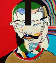 Surportrait : Mathieu Leroux, 2021 (öljyä ja akryyliä kolmelle vierekkäiselle puupaneelille).