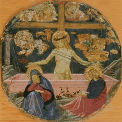 Benozzo Gozzolille omistettu - Sureva mies, sureva neitsyt, Johannes evankelista ja kärsimyksen symbolit, n. 1447.