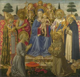 Neitsyt ja lapsi valtaistuimelle enkelien ja pyhien keskuudessa, 1460-luku