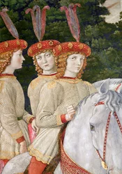 Maria (s. 1460), Bianca (1461-88) ja Nannina (1463-93) Medici, Lorenzon (1449-92) ja Giulianon (1453-78) nuoremmat sisaret, yksityiskohta kappelin Itämaan tietäjien matka -sarjasta, n. 1460