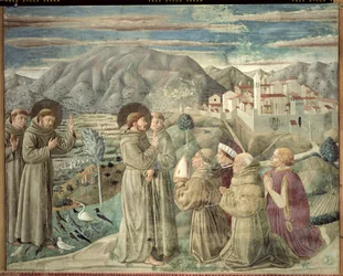Pyhä Franciscus saarnaa linnuille ja siunaa Montefalcoa, 1452