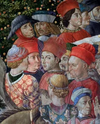 Jerusalemin taikamiesten taikurikorteesin matka Bethleem "Viaggio dei Magi" tai "Cavalcata dei Magi" (kasvot Magi Magi -kortegessa) Benozzo Gozzolin (1420-1497) fresko