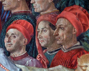 Jerusalemin tietäjien taikakorteesin matka Bethleemin "" Viaggio dei Magi"" tai "" Cavalcata dei Magi""" (yksityiskohta Magi Magi -kortegen kasvoista) Benozzo Gozzolin (1420-1497) fresko