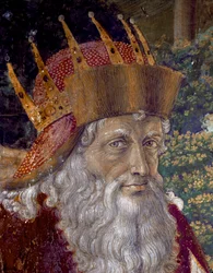 Taikaiden matka. Jerusalemin tietäjien kortege Betlehemissä nimeltä "Viaggio dei Magi" tai "Cavalcata dei Magi" italiaksi. Yksityiskohta, joka edustaa Konstantinopolin patriarkkaa Josephia vuosina 1261–1276. Benozzo di:n fresko Magi-kappelista