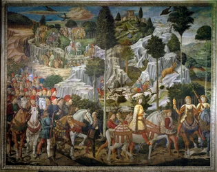 Itämaan tietäjien matka. Itämaan tietäjien kulkue Jerusalemista Betlehemiin, italiaksi "Viaggio dei Magi" tai "Cavalcata dei Magi". Maisemayksityiskohta. Benozzo Gozzolina tunnetun Benozzo di Lese di Sandron (1421-1497) fresko Itämaan tietäjien kappelin