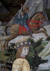 Magi Cortege des rois mages de Jerusalem a Bethleemin matka kutsuu italiaksi "Viaggio dei Magi" tai "" Cavalcata dei Magi" Yksityiskohta nuoresta magista Laurent Suuren (Laurent de Medici) kasvoissa (Laurent de Medici) Magi, yksityiskohta t