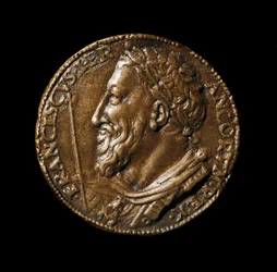 Pronssimedaljonki, jossa on kuningas Francois I:n (1494-1547) hahmo, jonka on valmistanut Benvenuto Cellini (1500-1571) 1538 Halkaisija 38 cm Firenze, Bargellon kansallismuseo