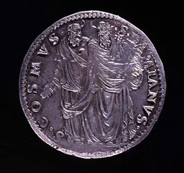 Hopeakolikon kääntöpuoli kuvaa SS Cosimoa ja Damienia seisomassa ja katsomassa toisiaan. Kaiverrus: S. COSMVS S. DAMIANVS, lyöty 1532-1537 (kuosi 108641)