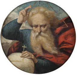 Dieu benit la terre - Jumala siunaa maata, kirjoittanut Garofalo, Benvenuto Tisi da (1481-1559). Öljy puulle. Mitat: D 34 cm. Tukholman kansallismuseo