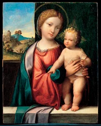 Neitsyt ja lapsi (Madonna lapsen kanssa) - Benvenuto Tisi da Garofalon (Il Garolafo) maalaus (1481-1559), öljy puulle, 47,5x37,5 cm