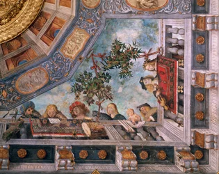 Naiset, muusikot ja amorit parvekkeella, yksityiskohta kattofreskosta, Garofalo (1481-1559), Treasury Room, Ludovico il Moro Palace tai Costabili Palace, Ferrara, Italia
