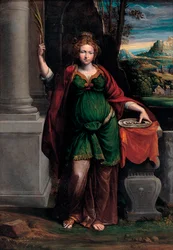 Saint Lucia (Syracuse) (4. vuosisadan alku), jolla on kaksisilmäinen tarjotin (Saint Lucy) - Benvenuto Tisi da Garofalon (Il Garolafo) maalaus (1481-1559), öljy puulle, 63x44 cm