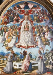 Neitsyt taivaaseenastuminen Pyhän Tuomasin kanssa, joka ottaa vyön pyhien Franciscus Assisilaisen ja Anthony Padovalaisen välillä, 1480-luku