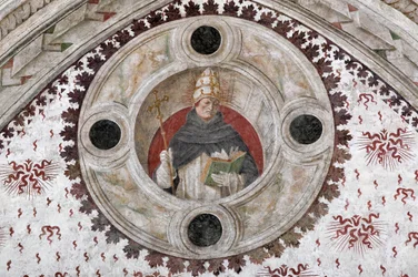 Dominikaanisen paavin (Innocentus V tai Benoit XI) kuvaus (Dominikaaninen paavi) Bernardino Zenalen ja Bernardino Butinonen fresko.
