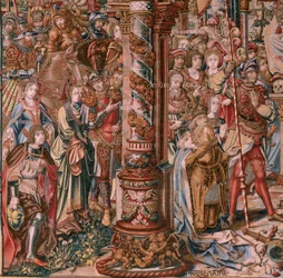 Flanderin kuvakudos. Sarja The Honours. Usko (La Fe). Ensimmäinen kuvakudos sarjassa. Mallisarjakuvapiirtäjät Bernard van Orleyn ja Jan Gossaertin (Mabuse) piiristä. Valmistus Pieter van Aelst, Bryssel. Noin 1550. Kangas Kulta, hopea, silkki ja villa.