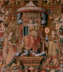 Flanderin kuvakudos. Sarja The Honours. Usko (La Fe). Ensimmäinen kuvakudos sarjassa. Mallisarjakuvapiirtäjät Bernard van Orleyn ja Jan Gossaertin (Mabuse) piiristä. Valmistus Pieter van Aelst, Bryssel. Noin 1550. Kangas Kulta, hopea, silkki ja villa.