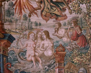 Flanderin kuvakudos. Sarja The Honours. Fame (La Fama). Sarjan kolmas kuvakudos. Mallisarjakuvapiirtäjät Bernard van Orleyn ja Jan Gossaertin (Mabuse) piiristä. Valmistus Pieter van Aelst, Bryssel. Noin 1550. Kangas Kulta, hopea, silkki ja villa.