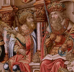 Tapís flamenc. Sèrie Els Honors. Honor (El Honor). Segon tapís de la sèrie. Dibuixants models del cercle de Bernard van Orley i Jan Gossaert (Mabuse). Manufactura Pieter van Aelst, Brussel·les. Ca 1550. Tela Or, plata, seda i llana.finlandès