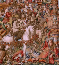 Flanderin kuvakudos. Sarja The Honours. Infamy (La Infamia). Sarjan kuudes kuvakudos. Mallisarjakuvapiirtäjät Bernard van Orleyn ja Jan Gossaertin (Mabuse) piiristä. Valmistus Pieter van Aelst, Bryssel. Noin 1550. Kangas Kulta, hopea, silkki ja villa.