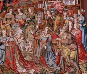 Flanderin kuvakudos. Sarja The Honours. Oikeus (La Justicia, Los Honores). Sarjan yhdeksäs kuvakudos. Mallisarjakuvapiirtäjät Bernard van Orleyn ja Jan Gossaertin (Mabuse) piiristä. Valmistus Pieter van Aelst, Bryssel. Noin 1550. Kangas Kulta, hopea,