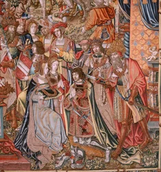 Flanderin kuvakudos. Sarja The Honours; Aatelisto (La Nobleza). Sarjan neljäs kuvakudos. Mallisarjakuvapiirtäjät Bernard van Orleyn ja Jan Gossaertin (Mabuse) piiristä. Valmistus Pieter van Aelst, Bryssel. Noin 1550. Kangas Kulta, hopea, silkki ja woo