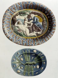 Jumala luo Aadamin reiden Eevan; Lizard - Keraamiset astiat, C. Delangen ja C. Bornemanin teoksessa "The work of Bernard Palissy", Pariisi