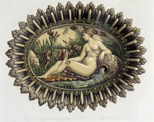 Fontainebleaun nymfi - Keraaminen astia, C. Delangen ja C. Bornemanin teoksessa "Bernard Palissyn teos", Pariisi