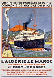 Mainosjuliste Ranskan rautateille, jotka kulkevat Algeriaan ja Marokkoon Ranskasta Limogesin, Toulousen, Narbonnen ja Port Vendresin kautta noin 1900.