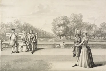 Figuurit Long Waterin rannalla, Hampton Court Palace (harmaa pesu kynällä ja musteella kynällä paperilla)