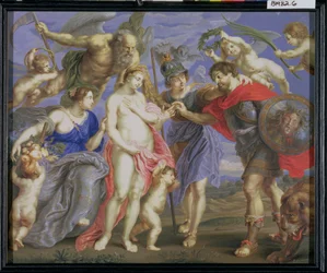 Mars, jonka Minerva esitteli tilaisuudessa, mukana Ceres, Peter Paul Rubensin (1577-1640) maalauksen jälkeen (vartalonväri ja kumi paneelin ympärille kiedotussa tarranauhassa)