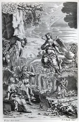 Arkkienkeli Uriel ilmoittaa Gabrielille, että Saatana on Eedenin puutarhassa, kuvitus John Miltonin teoksesta "Kadonnut paratiisi", kaiverrettu P.P Bouche, kuudes painos, 1695