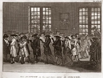 Juutalaisten surilaisten seurakunta suorittamassa "" Acafothia" hautajaisissa Kaiverrus aiheesta "" Kuvitus maailman kaikkien kansojen uskonnollisista seremonioista ja tavoista" Bernard Picart (1723-1743) 1819 Yksityinen kokoelma