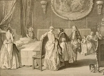 Avioliittovuoteen siunaus, kuvitus teoksesta "Uskonnolliset seremoniat ja tullit", 1724