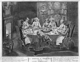 Juutalaisuus: Pääsiäisen juhla (tai pesach) juutalaisessa portugalilaisyhteisössä Kaiverrus Bernard Picartin (1723-1743) kuvasta "" Illustration de ceremonies et customs religieuses de tous les peuples du monde"" 1819 Yksityinen kokoelma