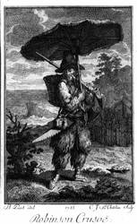 Edustus Robinson Crusoesta hänen autiomaassa. Bernard Picartin (1673-1733) kaiverrus, joka kuvaa Daniel Defoen tai De Foen (1660-1731) romaania
