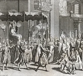Paavin juhlallinen vihkiminen: kankaan polttaminen) Kaiverrus Bernard Picartin (1723-1743) teoksesta "Illustration de ceremonies et customs religieuses de tous les peuples du monde" 1819 Yksityinen kokoelma