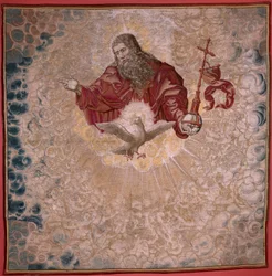 Flanderin kuvakudos. Kaarle V:n sarja Dais (Itävallan Margaretan baldakin). Isä Jumala ja Pyhä Henki (El Padre Eterno y el Espíritu Santo). Tapetti baldachin ja päivänkakkara. Malli Bernard van Orley (1491-1542). Valmistus Pieter de Pannemaker,