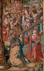 Flanderin kuvakudos. Sarja The Honours. Usko (La Fe). Ensimmäinen kuvakudos sarjassa. Mallisarjakuvapiirtäjät Bernard van Orleyn ja Jan Gossaertin (Mabuse) piiristä. Valmistus Pieter van Aelst, Bryssel. Noin 1550. Kangas Kulta, hopea, silkki ja villa.