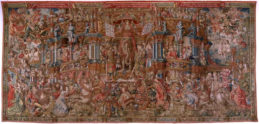 Flanderin kuvakudos. Sarja The Honours. Fame (La Fama). Sarjan kolmas kuvakudos. Mallisarjakuvapiirtäjät Bernard van Orleyn ja Jan Gossaertin (Mabuse) piiristä. Valmistus Pieter van Aelst, Bryssel. Noin 1550. Kangas Kulta, hopea, silkki ja villa.