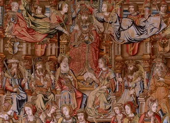 Flanderin kuvakudos. Sarja The Honours. Honor (El Honor). Sarjan toinen kuvakudos. Mallisarjakuvapiirtäjät Bernard van Orleyn ja Jan Gossaertin (Mabuse) piiristä. Valmistus Pieter van Aelst, Bryssel. Noin 1550. Kangas Kulta, hopea, silkki ja villa.
