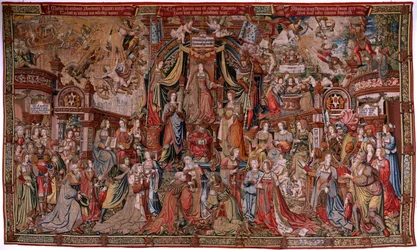 Tapís flamenc. Sèrie Els Honors. Justícia (La Justicia, Los Honores). Novè tapís de la sèrie. Dibuixants models del cercle de Bernard van Orley i Jan Gossaert (Mabuse). Manufactura Pieter van Aelst, Brussel·les. Ca 1550. Tela Or, plata, finlandès