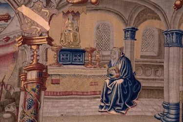 Flanderin kuvakudos. Sarja The Legend of the Madonna of the Sablon (The Legend of Our Lady of the Sablon). Madonnan patsaan saapuminen. Brysselin valmistus. Sarjakuvapiirtäjä Barend van Orley