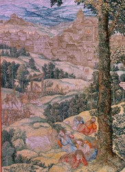 Flanderin kuvakudos. Sarja Kristuksen intohimo. Kristus Öljymäellä. Valmistus Pieter de Pannemaeker, Bryssel. Sarjakuvapiirtäjä Barend van Orley. noin 1518-1522.