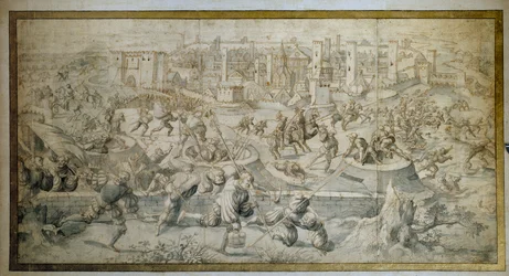 Kuudes Italian sota (1521-1526): "" Pavian taistelu 25. helmikuuta 1525, poistuminen Pavian varuskunnasta ja sveitsiläisistä"" Pavian taistelussa (Pavia) Francois I voitti Charles V:n. Piirustus Bernard Van Horley (1488-1541) 1525 Pariisi