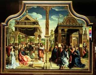 Pyhien Tuomaan ja Matteuksen alttaritaulu, triptyykin keskiosa, jossa on kohtauksia näiden kahden pyhimyksen elämästä, muun muassa pyhän Tuomaan marttyyrikuolema, noin 1515