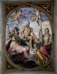 Cosimo I:n allegorinen esitys, fresko, Bernardino Poccetti (1548-1612). Sala di Bona katto, Pitti Palace, Firenze. Italia