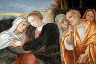 Maria Pyhän Annan ja Pyhän Joakimin kanssa, yksityiskohta Neitsytsyklistä (1553), Bernardino Laninon (1512-1583) fresko, alempi sakristi Novaran katedraalissa, Piemonte, Italia